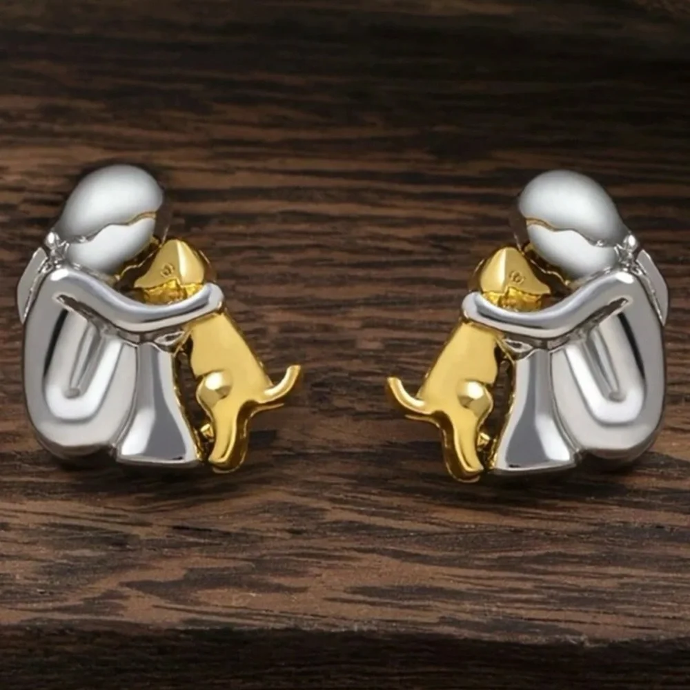 “Puppy Love” Man’s Best Friend Dog & Human Hugging Two Tone Gold 925 Silver Stud